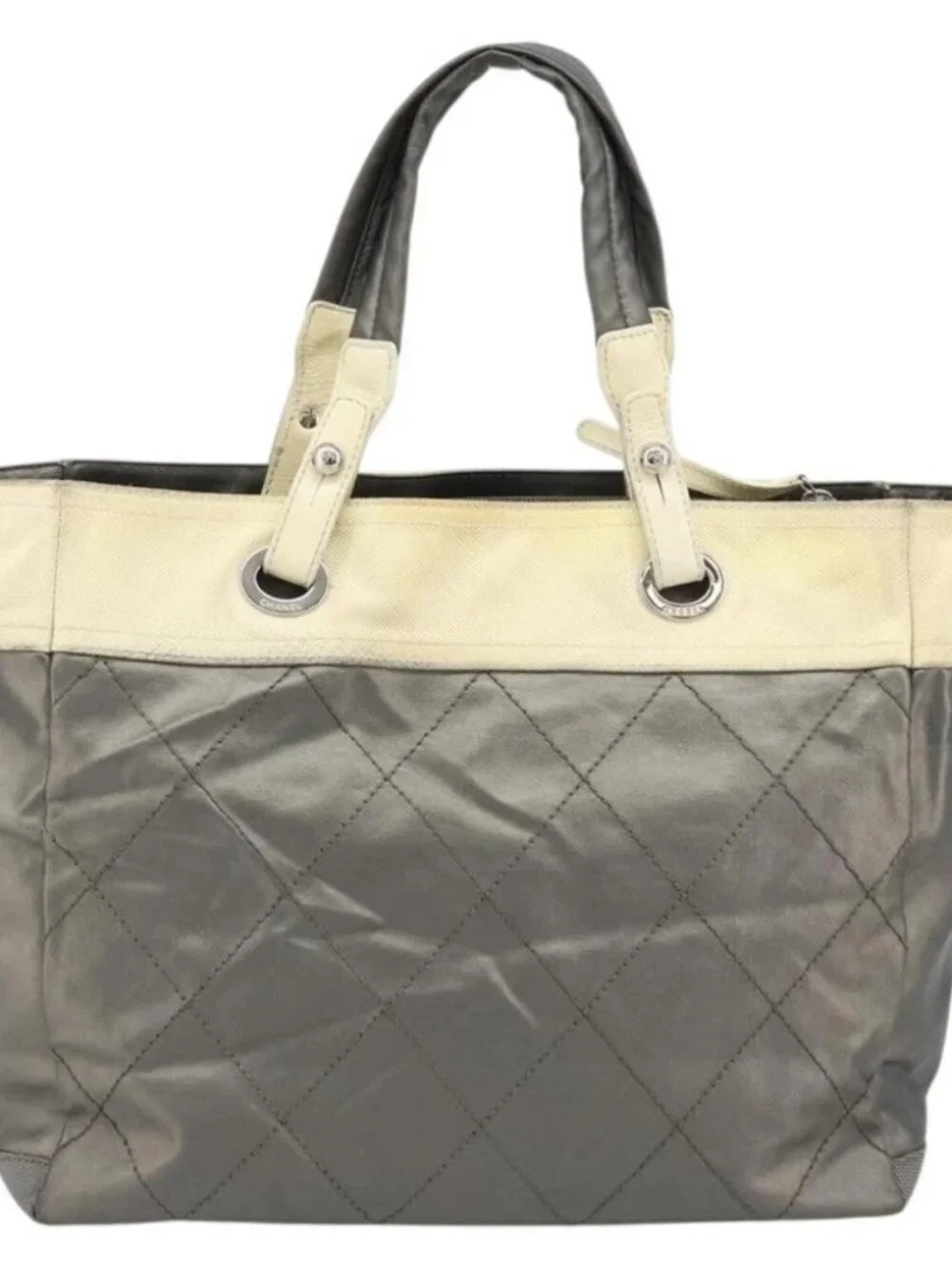 CHANEL Paris Biarritz GM Tote Bag Coated Canvas Gray Silver CC Auth bs34403